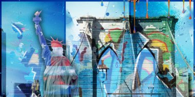 Gerçeküstü dijital sanat. Brooklyn Köprüsü ve New York 'un manzarasında Özgürlük Heykeli. Duvar yazısı ve boya damlaları..