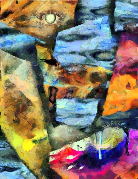 Złożony Surrealistyczny Obraz Oko Boże Pokrywające Się Kolorowe Postacie Abstrakcyjnym — Zdjęcie stockowe