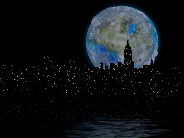 Representación Luna Terraformada Sobre Ciudad Nocturna — Foto de Stock