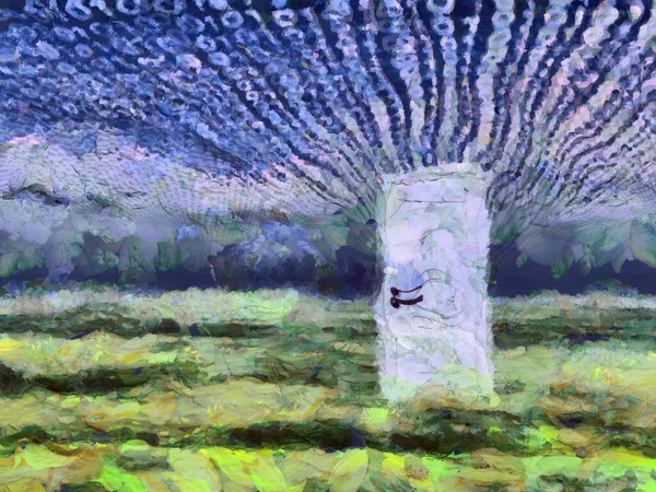 超现实的绘画 白色的门矗立在绿色的表面上 天空中的二进制代码 — 图库照片