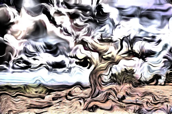 Abstract Painting Old Tree Stands Rocky Ground Sunbeams Comes Clouds — Stock Photo, Image