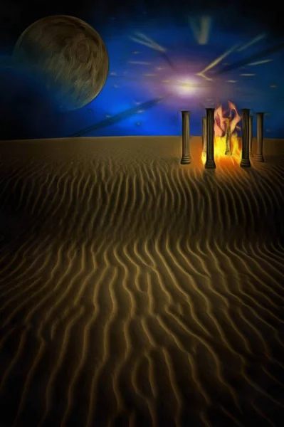 Arte Digital Surrealista Planeta Desierto Blanco Con Templo Fuego Luna — Foto de Stock