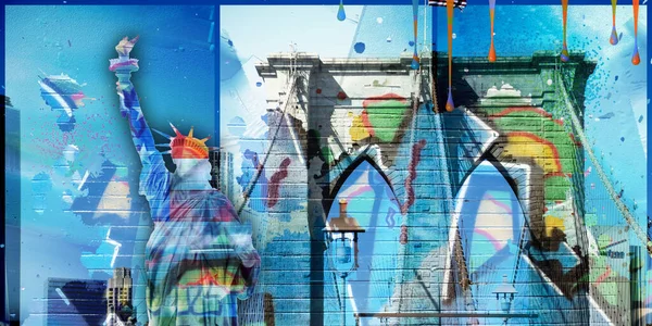 Gerçeküstü dijital sanat. Brooklyn Köprüsü ve New York 'un manzarasında Özgürlük Heykeli. Duvar yazısı ve boya damlaları..