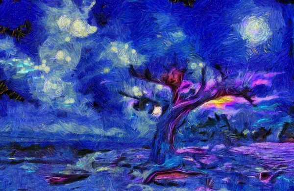 Pittura Surreale Vecchio Albero Luna Piena Nuvole Mistiche Nel Cielo — Foto Stock