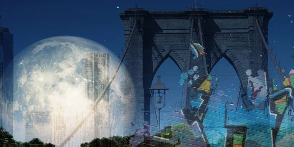 Arte Moderno Puente Brooklyn Luna Gigante Cielo — Foto de Stock