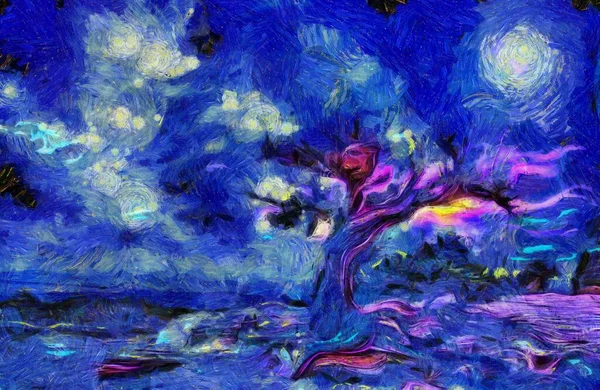 Surrealistisk Målning Gammalt Träd Fullmåne Och Mystiska Moln Himlen — Stockfoto