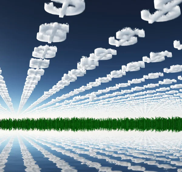 Surrealistyczna Sztuka Cyfrowa Chmury Kształcie Znaku Dolara Odbijają Się Wodzie — Zdjęcie stockowe