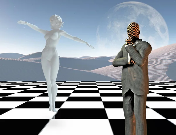 Surrealism Businessman Stands Chessboard Woman Statue Made White Stone Rendering — Zdjęcie stockowe