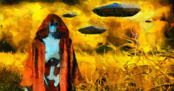 Surreal Painting Droid Cloak Stands Field Wheat Spaceships Sky — Stock Photo, Image