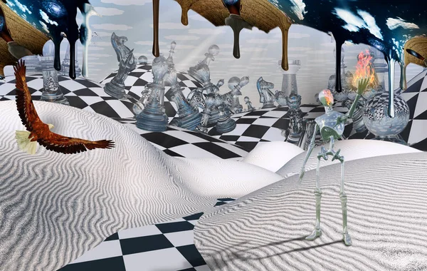 Surrealistische Woestijn Met Schaakfiguren Adelaar Lucht Alien Houdt Vlam Zijn — Stockfoto