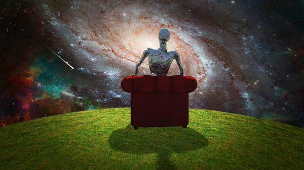 Een Surrealistische Compositie Een Verroeste Alien Zit Een Rode Fauteuil — Stockfoto