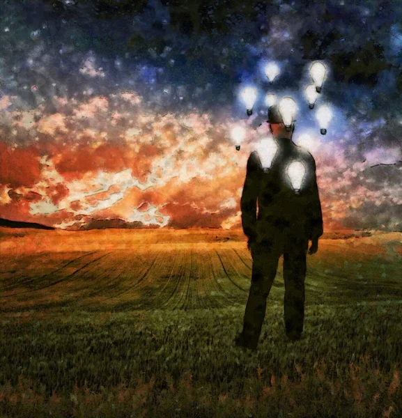 Surreal Painting Man Suit Stands Field Light Bulbs His Head — Stock Photo, Image