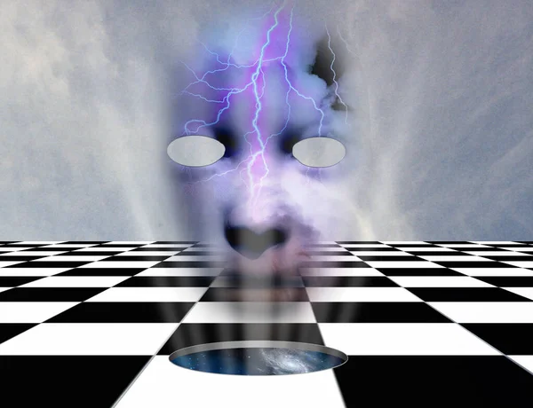 Σουρεαλισμός Σκακιέρα Τρύπα Άλλη Διάσταση Μάσκα Σύννεφα Απόδοση — Φωτογραφία Αρχείου