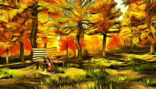 Surrealistyczny Obraz Skrzypce Jesiennym Parku — Zdjęcie stockowe
