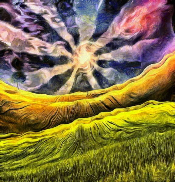 Pintura Surrealista Rayos Sol Sobre Los Campos Verdes Árbol Solitario —  Fotos de Stock