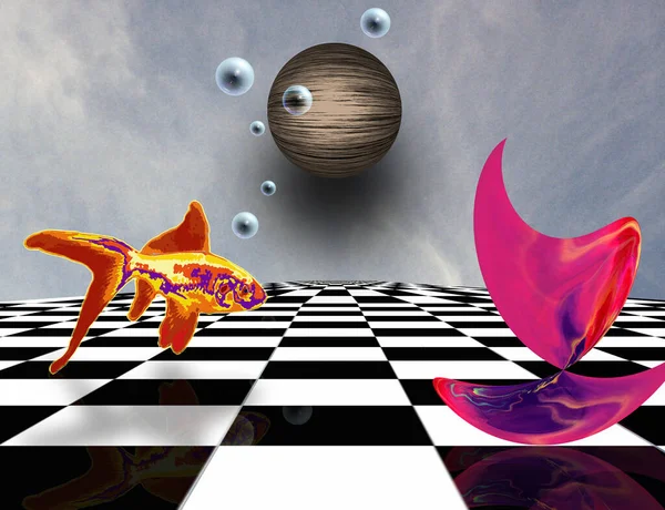 Surreale Komposition Rosa Materie Auf Schachbrett Kugel Und Goldenem Fisch — Stockfoto