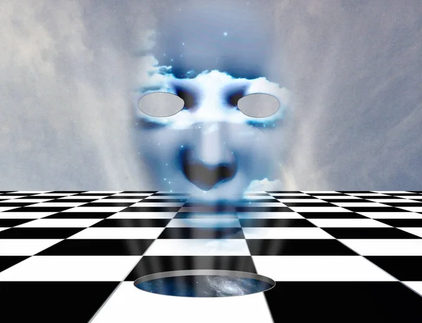 Surrealism Chessboard Hole Another Dimension Mask Clouds Rendering — Stock Photo, Image