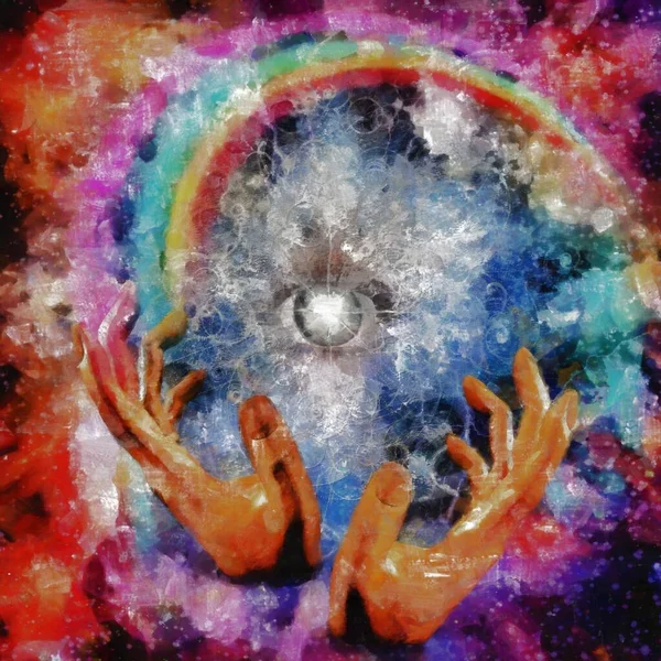 Surreal Painting Eye God Universe Hands Prayer — Stock Photo, Image