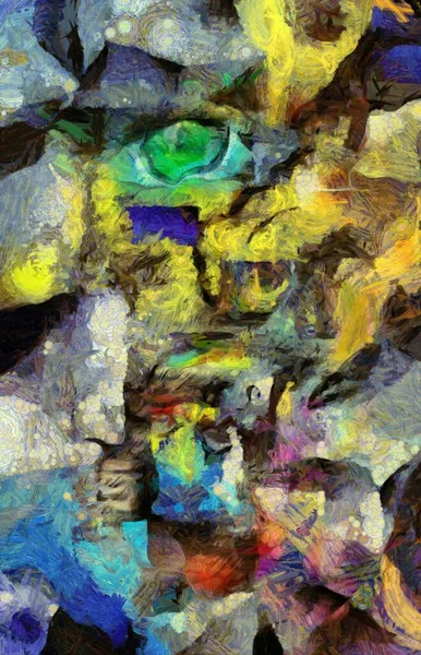Complex Surrealistisch Schilderij Groen Oog Vuur Kleurrijke Overlappende Lagen — Stockfoto