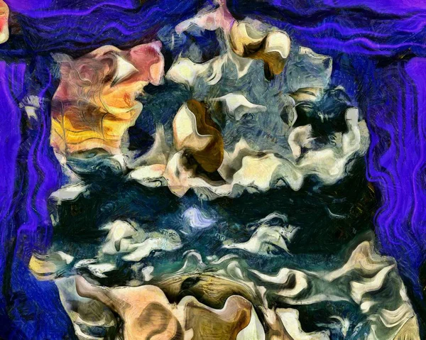 複雑な超現実的な絵画 青いカーテンの後ろのシュールな世界 — ストック写真