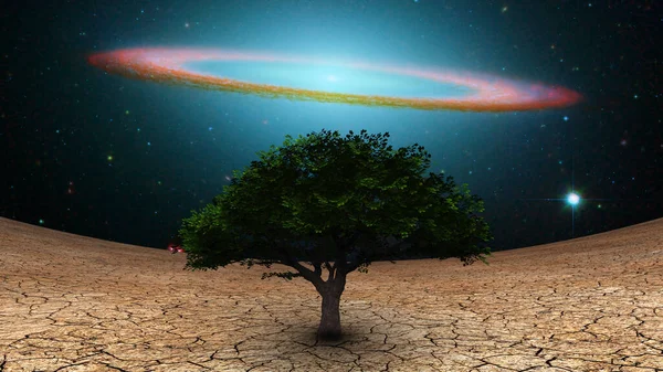 Surrealizm Zielone Drzewo Suchej Ziemi Galaktyczny Dysk Nocnym Niebie — Zdjęcie stockowe