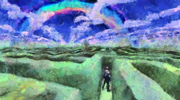 Pintura Surrealista Hombre Está Laberinto Nubes Forma Signo Interrogación Cielo —  Fotos de Stock