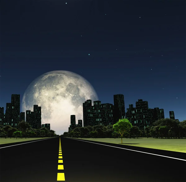 Surreal Digital Art Highway Leads City Giant Moon Horizon — Stock Photo, Image
