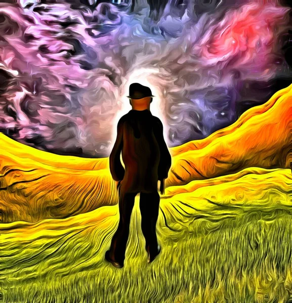 Сюрреалистичная Картина Человек Костюме Стоит Поле — стоковое фото