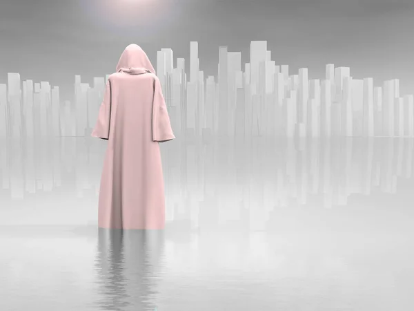 Surrealisme Robed Traveler Voor Pure Stad — Stockfoto