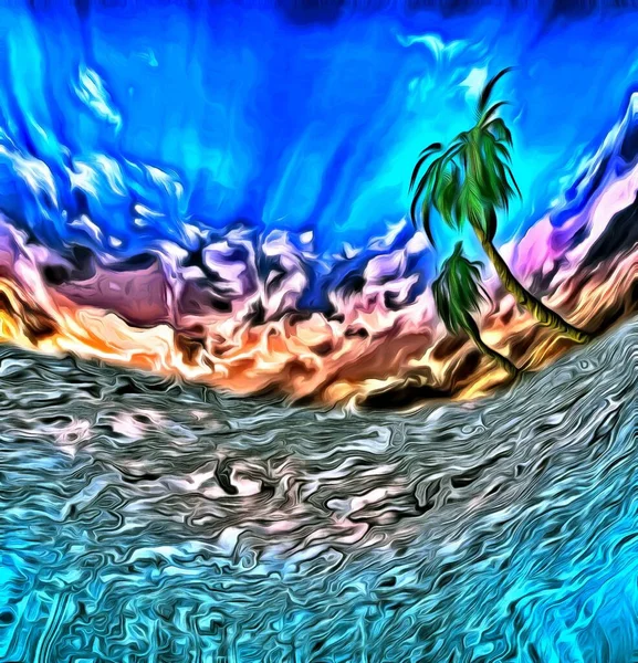 Surreale Malerei Blick Vom Wasser Auf Palmen Pinselstriche — Stockfoto