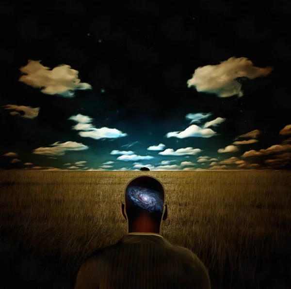 Surreal painting. Man with galaxy inside of his head stands in the field of wheat.
