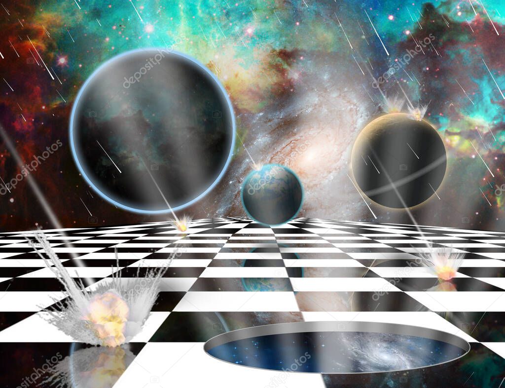 Surreal composition. Armageddon. Asteroids destroy planets. Chessboard in the Universe. Opened wormhole to another dimension - Salvation. 3D rendering