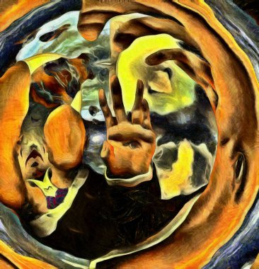 Gerçeküstü dijital sanat. Avucunda gözü olan yüzü olmayan bir adam. Bükülmüş boşluk.