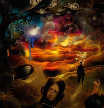 Gerçeküstü resim. Erkeklerin kafaları farklı düşüncelerle dolu. Kafasında ampuller olan bir iş adamı sahada duruyor. Ağaç dalında ampul. Kanatlı saat zamanın akışını temsil eder..