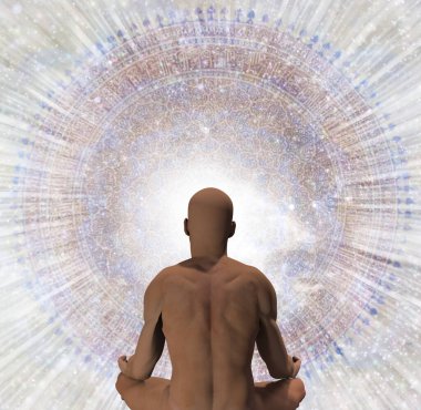 Lotus pozisyonundaki adam sonsuz boşlukların önünde oturur..