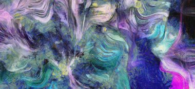 Çoğunlukla mavi ve mor renkli soyut tablolar..