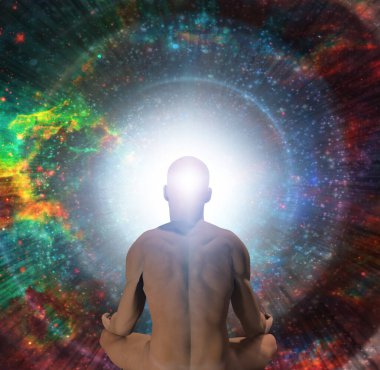 Lotus pozisyonundaki adam sonsuz boşlukların önünde oturur..