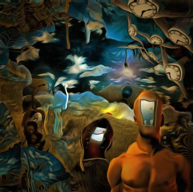 Surreal painting. Naked man with open door instead of face. Lightbulb on a tree branch. Winged clock represents flow of time. clipart
