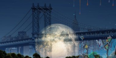 Gerçeküstü dijital sanat. New York 'taki Manhattan Köprüsü. Dev ay, duvar yazısı parçaları. Boya damlaları.