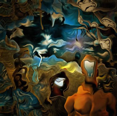 Gerçeküstü resim. Yüzü yerine açık kapısı olan çıplak bir adam. Ağaç dalında ampul. Kanatlı saat zamanın akışını temsil eder..