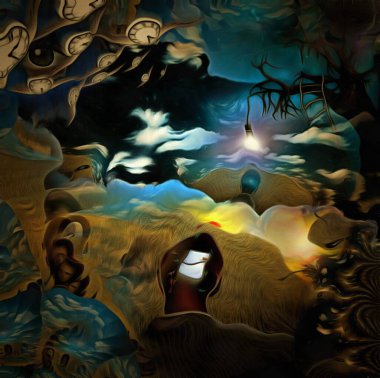 Gerçeküstü resim. Kafasında açık pencere olan bir adam. Ağaç dalında ampul. Kanatlı saat zamanın akışını temsil eder..