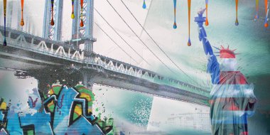 Gerçeküstü dijital sanat. New York 'ta Manhattan Köprüsü ve Özgürlük Heykeli. Duvar yazısı ve boya damlaları..