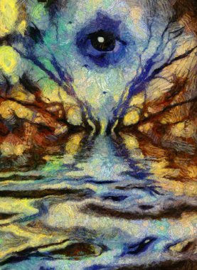 Gerçeküstü yağlı boya resim. Ağacın gözleri ve dalları suya yansıyor..