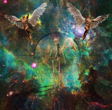 Sürrealizm. İnsanoğlu uzayda taştan bir yolda yürüyor. Kanatlı çıplak adamlar melekleri simgeler. İskelet ölümü temsil ediyor. 3 boyutlu görüntüleme. NASA 'nın sağladığı bazı unsurlar.