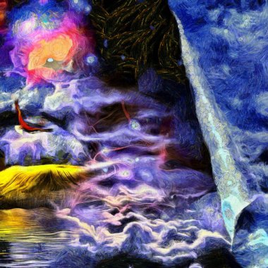 Gerçeküstü yağlı boya resim. Kartal tarlanın üzerinde uçar, bulutlar suya yansır. Bulutlu gökyüzünün örtüsü.