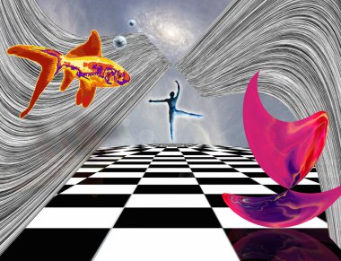 Gerçeküstü kompozisyon. Satranç tahtasında pembe madde, dansçı ve altın balık