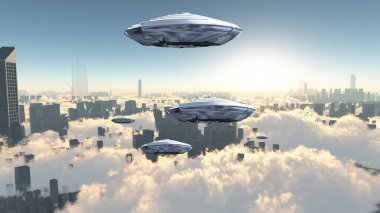 Fütürist megapolis üzerinde uçan daireler. Gün doğumu