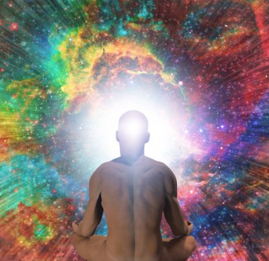 Lotus pozisyonundaki adam sonsuz boşlukların önünde oturur..