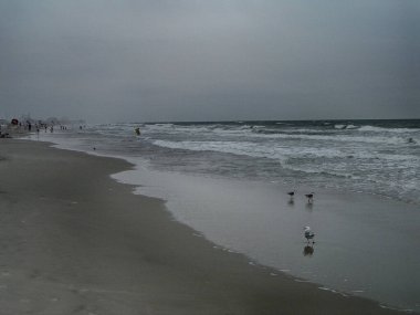 Bulutlu bir günde kumlu deniz manzarası