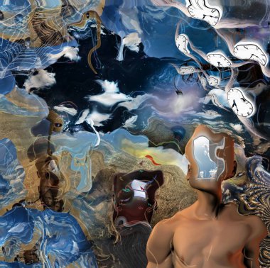 Gerçeküstü resim. Yüzü yerine açık kapısı olan çıplak bir adam. Ağaç dalında ampul. Kanatlı saat zamanın akışını temsil eder..